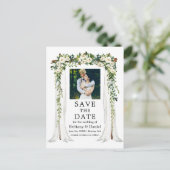 s結婚キャノピーアーチ水彩緑の白フローラ 案内ポストカード (スタンド正面)