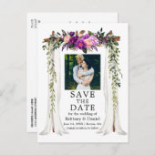 s結婚キャノピー水彩パープルフローラ写真 案内ポストカード (正面/裏面)