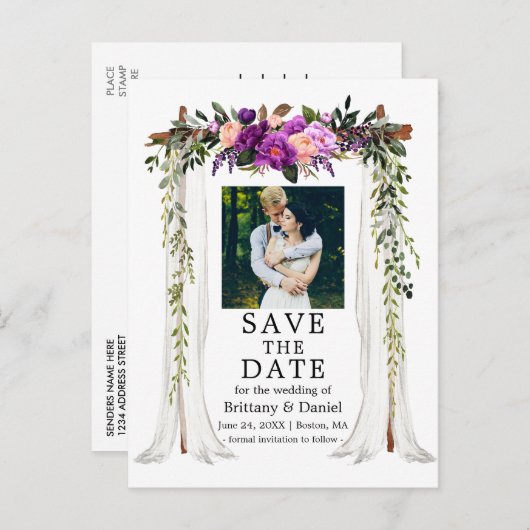 s結婚キャノピー水彩パープルフローラ写真 案内ポストカード (正面/裏面)