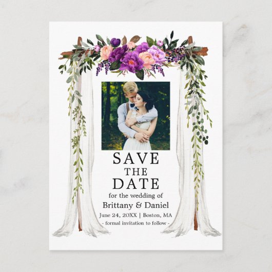 s結婚キャノピー水彩パープルフローラ写真 案内ポストカード (正面)