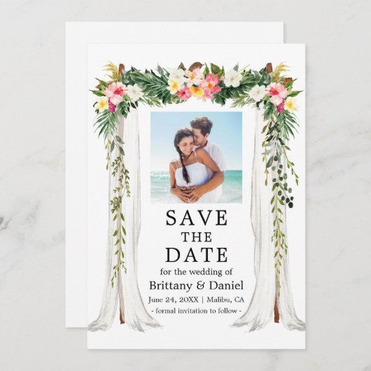 s結婚キャノピー水彩熱帯フローラ写真 セーブザデート (正面/裏面)