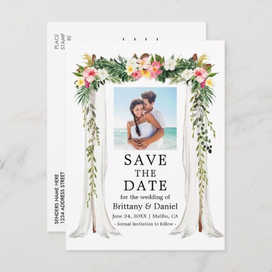 s結婚キャノピー水彩熱帯フローラ写真 案内ポストカード (正面/裏面)
