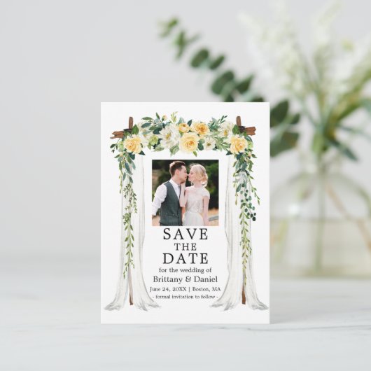 s結婚キャノピー水彩黄色フローラ写真 案内ポストカード (スタンド正面)