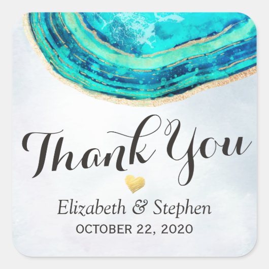 s結婚サンキューウォーターカラーティール（緑がかった色）金ゴールドゲートGeode スクエアシール (正面)