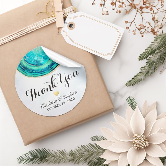 s結婚サンキューウォーターカラーティール（緑がかった色）金ゴールドゲートGeode ラウンドシール