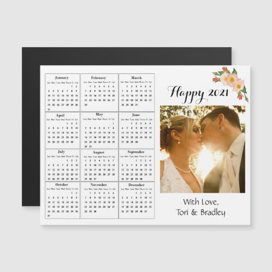 s結婚フォトコーラルフラワーミニ2021カレンダー マグネット招待状 (正面/裏面)