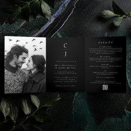 s結婚モノグラムモダンブラック2枚QRコード 三つ折り招待状