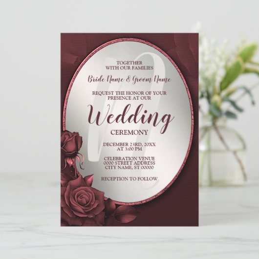 s結婚モノグラム赤ピンクのバラ花フレーム 招待状 (スタンド正面)