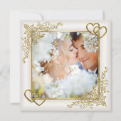 s結婚ヴィンテージクリーム白金ゴールドハート写真 招待状 (裏面)