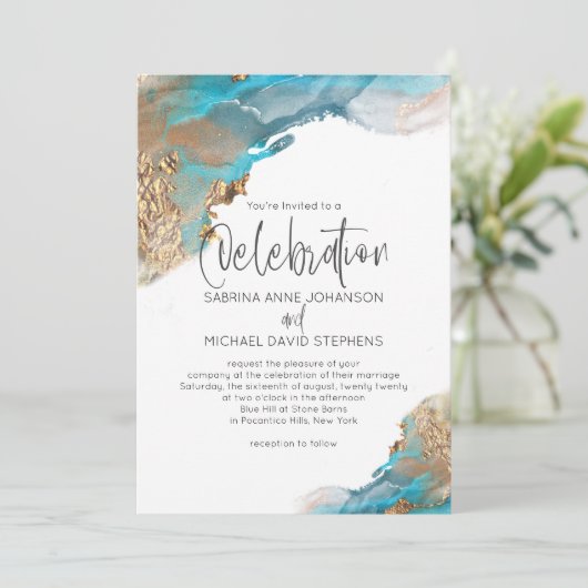 s結婚抽象芸術アクア金ゴールド大理石 招待状 (スタンド正面)