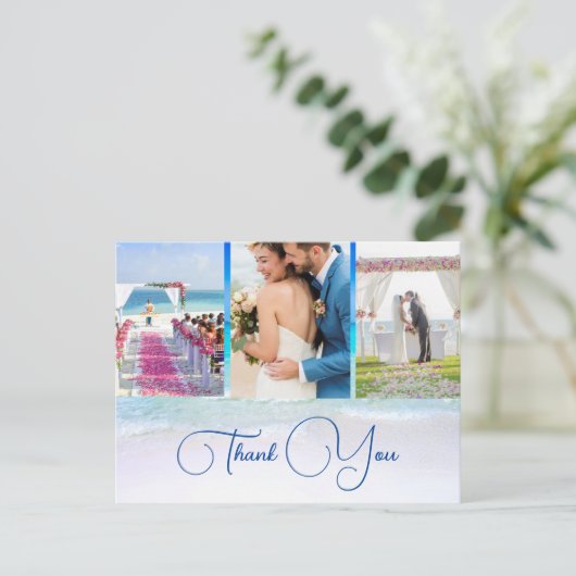 s結婚海ビーチブルー3写真ありがエレガントとうございます ポストカード (スタンド正面)