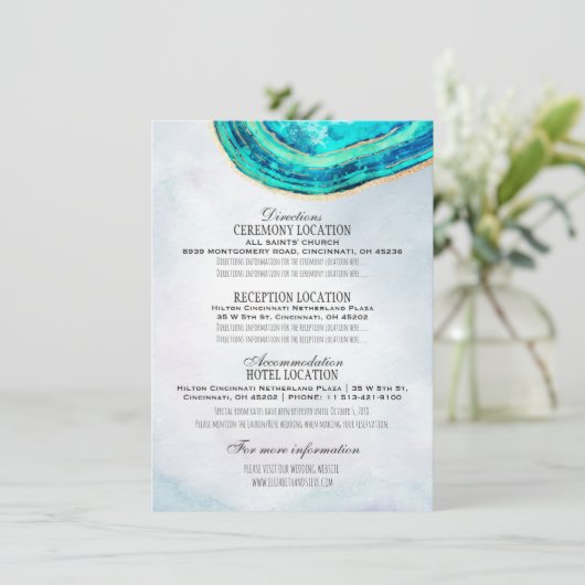 s結婚詳細ウォーターカラーティール（緑がかった色）&金ゴールドゲートGeode 招待状 (スタンド正面)