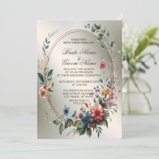 s結婚青銅花カラフル黄金の枠パーティー 招待状 (スタンド正面)