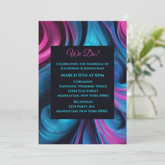 s結婚-抽象芸術流体アートブルーとピンク – 招待状 (スタンド正面)