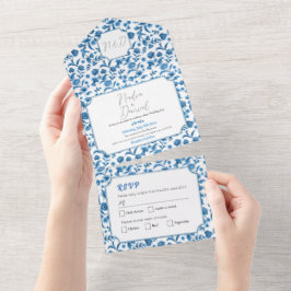 s結婚 Chintz Blue & Whiteフローラ招待状&RSVP オールインワン招待状