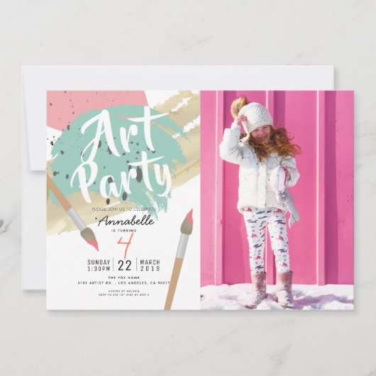 s絵を描アートパーティーモダンGIrlフォト誕生日 招待状 (正面)