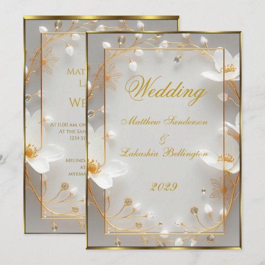 s美結婚しい金ゴールドホワイトモダンお祝い 招待状 (正面/裏面)