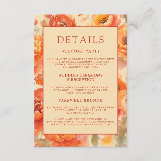s詳細結婚秋バーントオレンジフローラ エンクロージャーカード (正面)