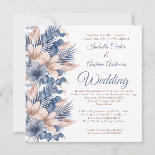 s赤面結婚ブルーピーチベージュフローラホワイト 招待状 (正面)