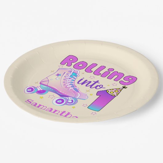 s転が into 1 – かわいい紫ローラースケート誕生日 ペーパープレート (アングル)