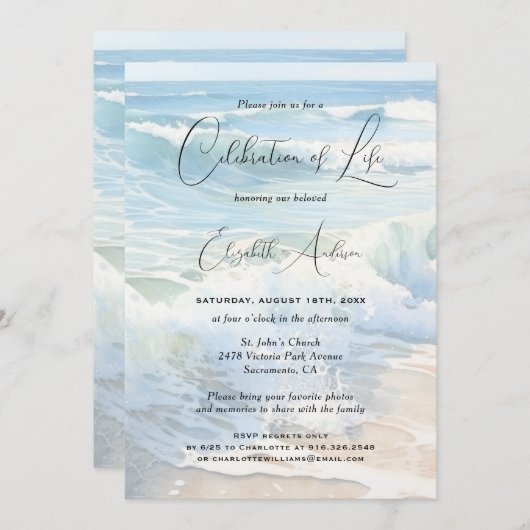 s転が wavesビーチスクリプトお祝いのライフ 招待状 (正面/裏面)