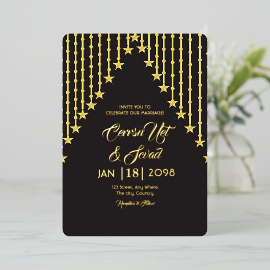 s金ゴールド結婚及びブラック招待状金箔 箔招待状 (立ち正面)