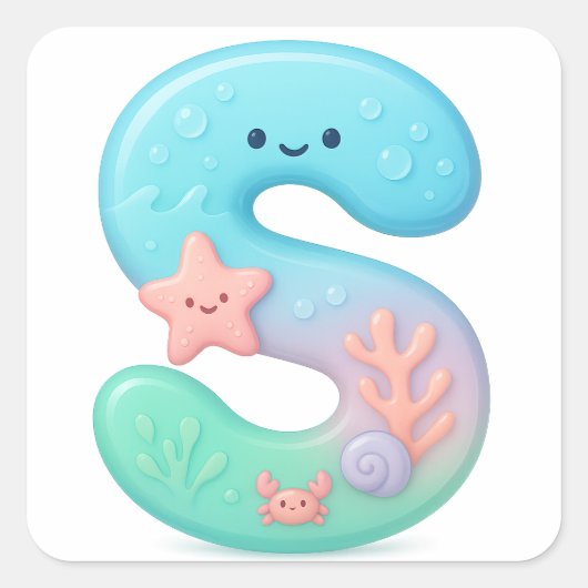 "S" かわいい文字 - 水中の海の生き物 スクエアシール (正面)