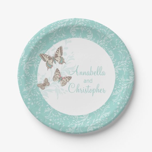 s 結婚3インク蝶ティール(緑がかった色)白紙プレート ペーパープレート (正面)