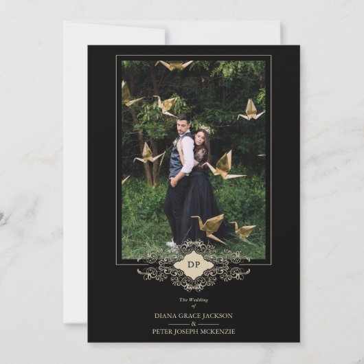 ''S 結婚 Black Frosh金ゴールドレースイニシャル 招待状 (正面)