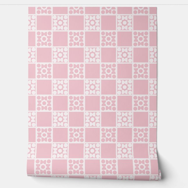 (S) 2502223A Retro Geometric Tiles Pink 壁紙 (ほどく)