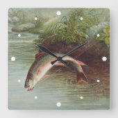 S.A. Kilbourneによる『飛び跳ねるブルックトラウト』ヴィンテージの魚 スクエア壁時計 (正面)