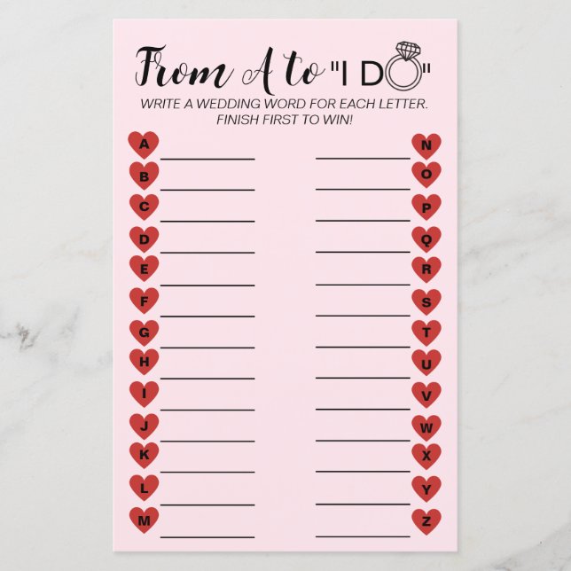 s A to Z結婚ゲーム – おもしろいブライダルシャワー活動 (正面)