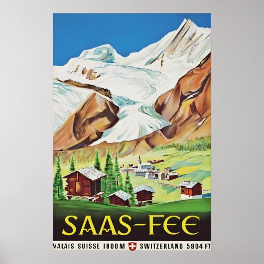 Saas Fee Switzerland Vintage Travel Poster, Swiss ポスター (正面)