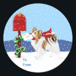 Sable Papilon Christmas Mail ラウンドシール<br><div class="desc">このセ祝ブルパピロンのパップでシーズンは、心地よい赤いニットのスカーフで束ね、冬の雪を遊び心を通して、メールボックスに運のフェスティバルの休日のメールを覗く。心を温めるシーンで、ハートを溶かす。クリスマスの応援と可愛らしさを広げる – これらのSable Papillon Christmas Mailギフトラベルシール。贈り物の贈り物を耳から耳まで笑顔で受け取る！</div>