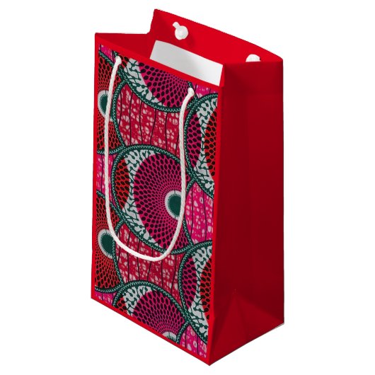 Sac cadeau, Wax Africain Fushia avec fond rouge. スモールペーパーバッグ (正面アングル)
