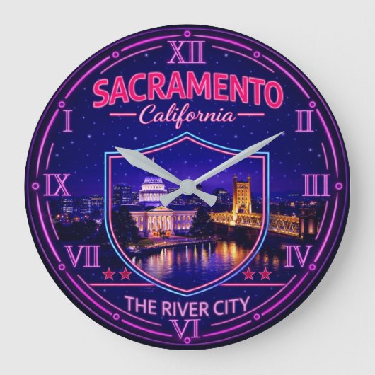 Sacramento California Capitol Skyline ラージ壁時計 (正面)