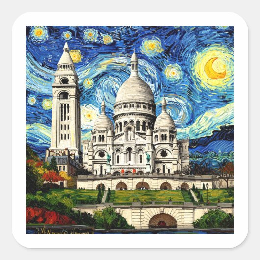 Sacre-Coeur Paris France Starry Night スクエアシール (正面)
