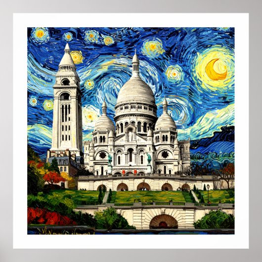 Sacre-Coeur Paris France Starry Night ポスター (正面)