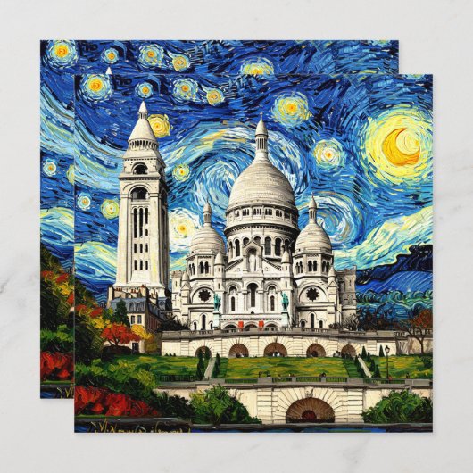 Sacre-Coeur Paris France Starry Night 招待状 (正面/裏面)