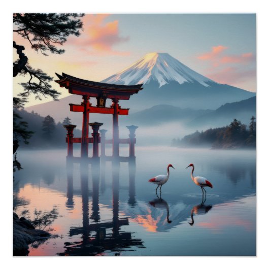 Sacred Dance: Red Crown Cranes at Fuji's Gate ポスター (正面)