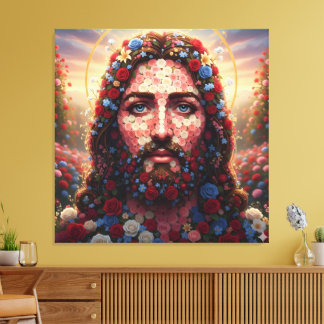Sacred Heart Jesus Floral Rose Portrait - Premium  キャンバスプリント