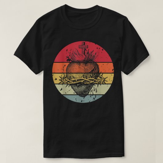 Sacred Heart of Jesus Christ Retro Sunset Art Cath Tシャツ (デザイン正面)