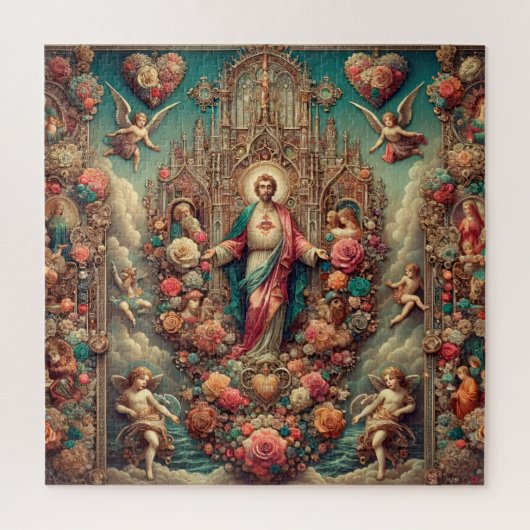 Sacred Heart of Jesus Floral Baroque Art ジグソーパズル (縦)