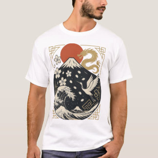 【Sacred Japan – Mount Fuji Dragon & Crane T-Shirt】 Tシャツ