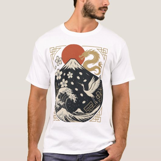 【Sacred Japan – Mount Fuji Dragon & Crane T-Shirt】 Tシャツ (正面)