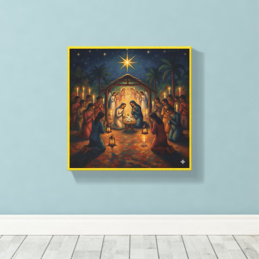 Sacred Night Nativity Scene – Vibrant Christmas キャンバスプリント (インサイチュ (ウッドフロア))