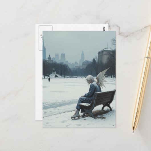 Sad angel in ice skates sitting on a park bench ポストカード (正面/裏面インサイチュ)