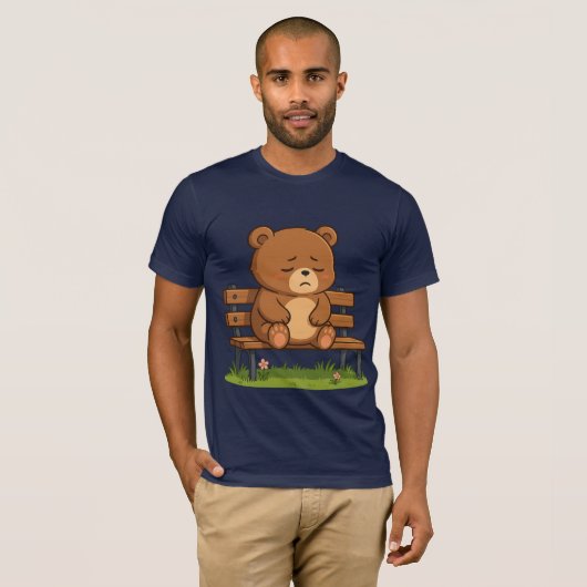 Sad Cute Teddy Bear on Bench – Emotional Cartoon Tシャツ (正面フル)
