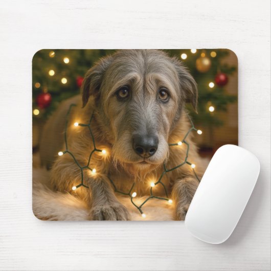 Sad Irish Wolfhound Tangled In Holiday Lights マウスパッド (マウス)