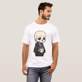 Sad Skeleton Wearing Hoodie Drinking Hot Coffee Tシャツ (正面フル)